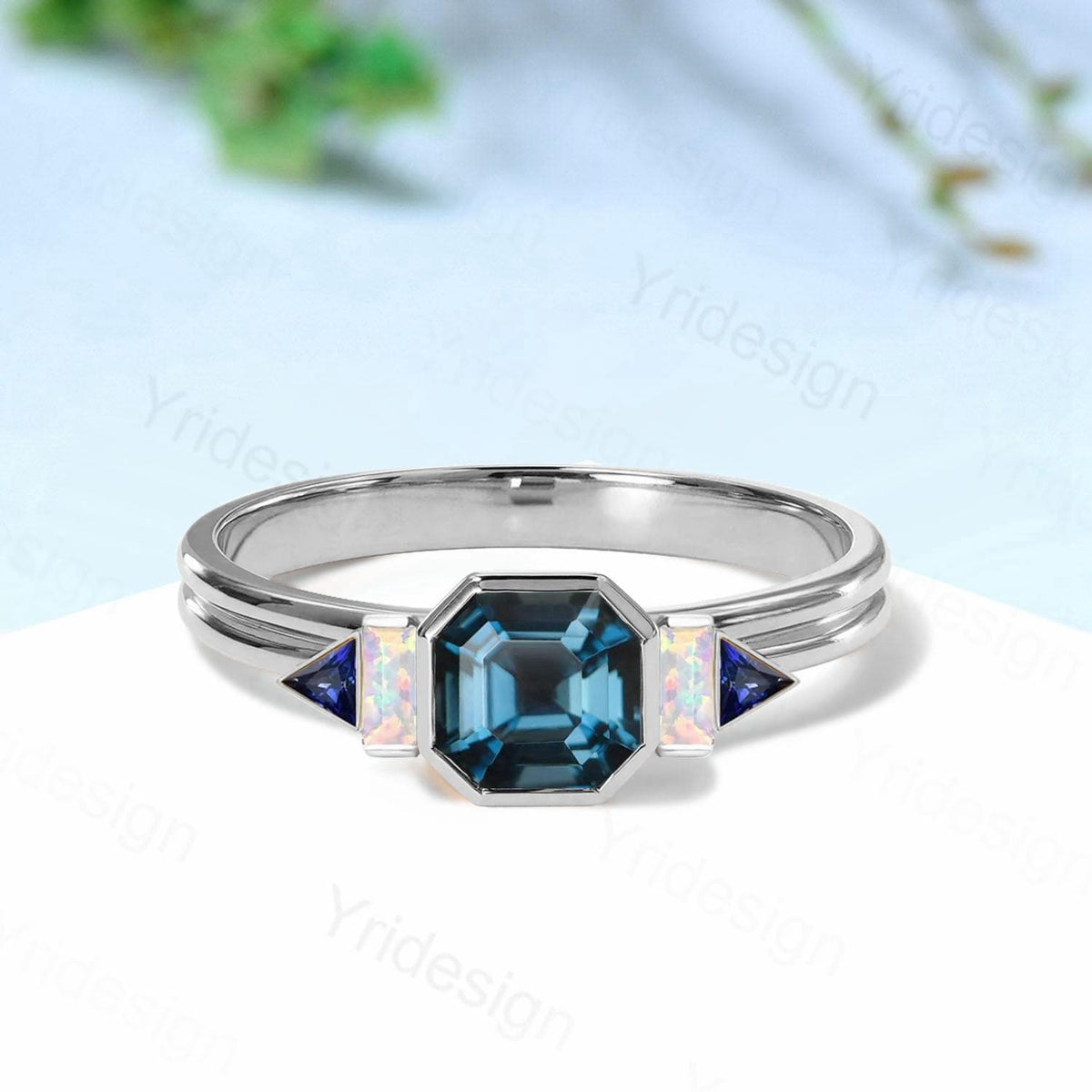 Unique Asscher cut Alexandrite Ring Unique split shank Color Change Engagement Ring Cluster Baguette Opal sapphire Wedding Ring gift for her