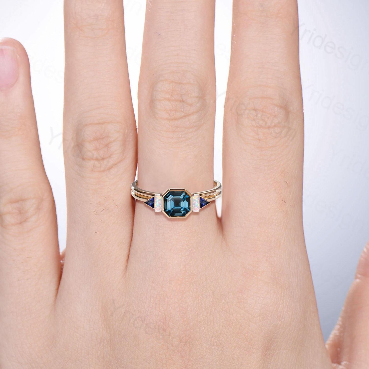 Unique Asscher cut Alexandrite Ring Unique split shank Color Change Engagement Ring Cluster Baguette Opal sapphire Wedding Ring gift for her