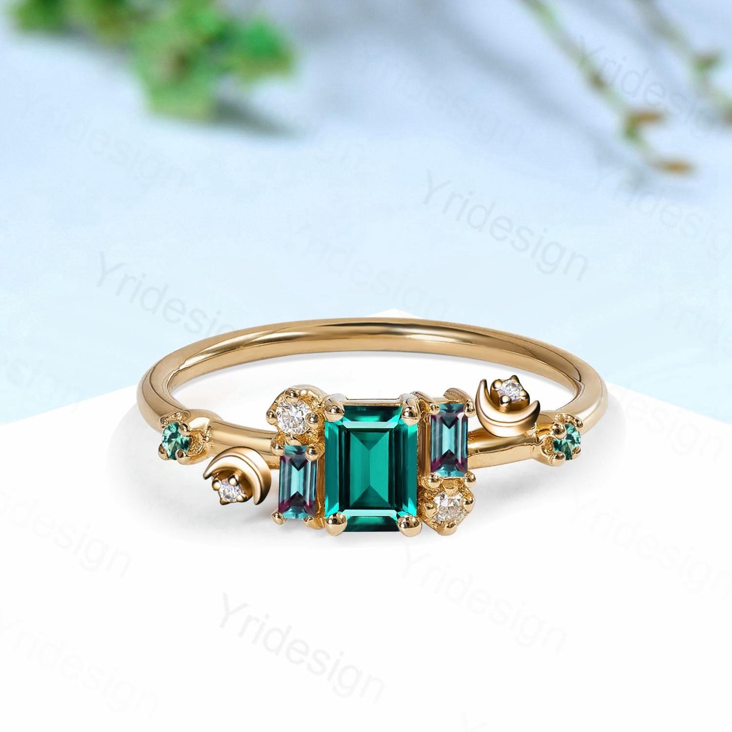 Unique Emerald Cut Emerald Engagement Ring Cluster Baguette Alexandrite Wedding Ring Vintage Moon May Birthstone Anniversary Ring for Women