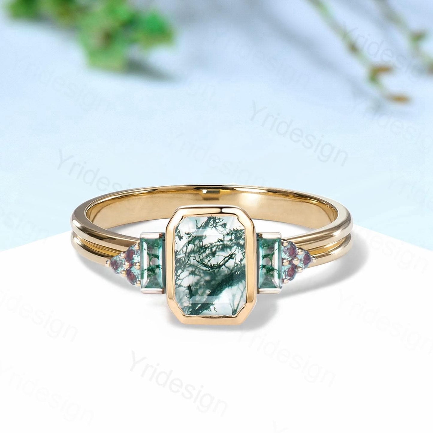 Unique Bezel Set Emerald Cut Green Moss Agate Engagement Ring Split Shank Cluster Alexandrite Wedding Ring Rose Gold Anniversary Gift Women
