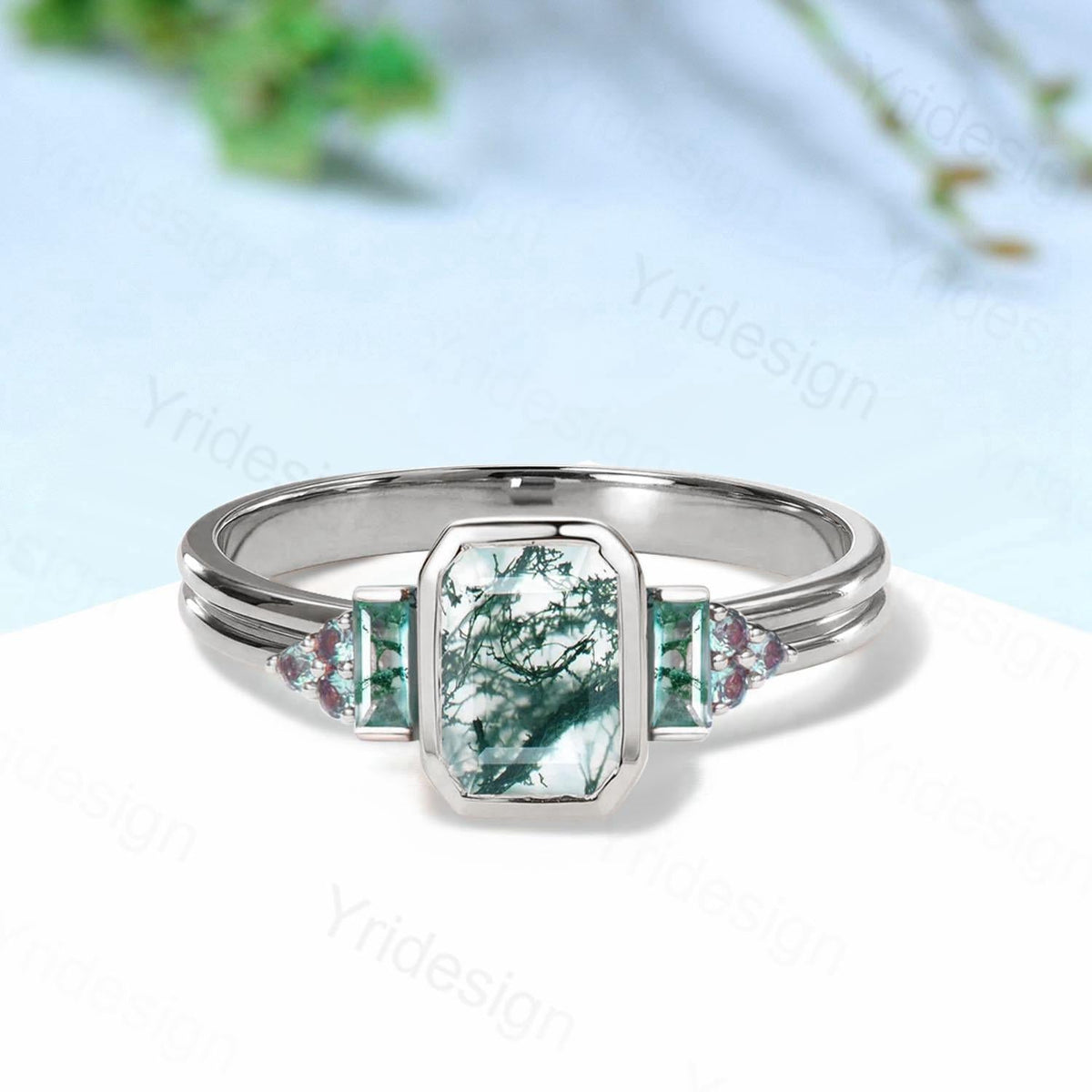 Unique Bezel Set Emerald Cut Green Moss Agate Engagement Ring Split Shank Cluster Alexandrite Wedding Ring Rose Gold Anniversary Gift Women