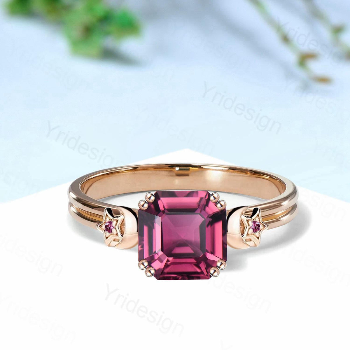 Unique Moon Star Asscher Pink Tourmaline Ring Vintage Split Shank Pink Stone Engagement Ring Art Deco Wedding Ring 8 Prongs Anniversary Gift