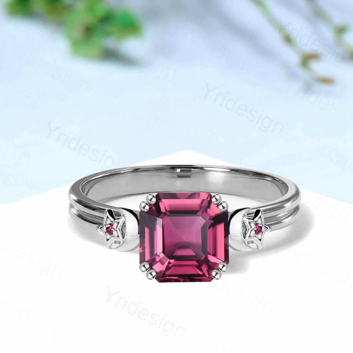 Unique Moon Star Asscher Pink Tourmaline Ring Vintage Split Shank Pink Stone Engagement Ring Art Deco Wedding Ring 8 Prongs Anniversary Gift