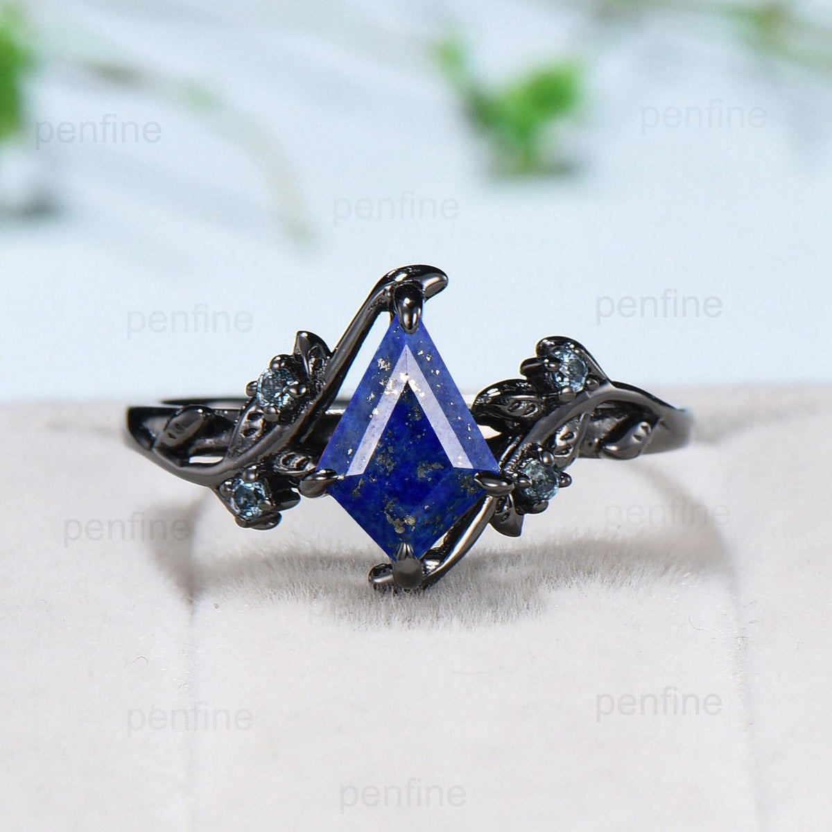 Unique Black Gold Lapis Lazuli Engagement Ring Kite cut Natural Inspired Leaf vine Cluster Alexandrite ring branch Anniversary Promise Gift