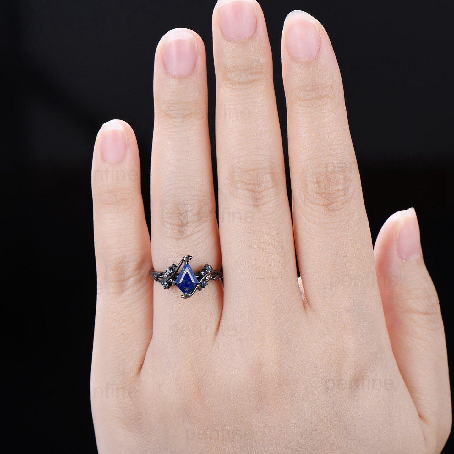 Unique Black Gold Lapis Lazuli Engagement Ring Kite cut Natural Inspired Leaf vine Cluster Alexandrite ring branch Anniversary Promise Gift