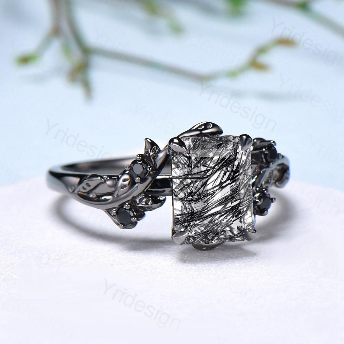 Nature Inspired black gold rutilated quartz engagement ring emerald cut twig vine elegant black rutilated ring cluster spinel promise gift