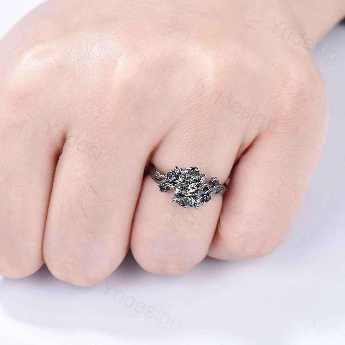 Nature Inspired black gold rutilated quartz engagement ring emerald cut twig vine elegant black rutilated ring cluster spinel promise gift