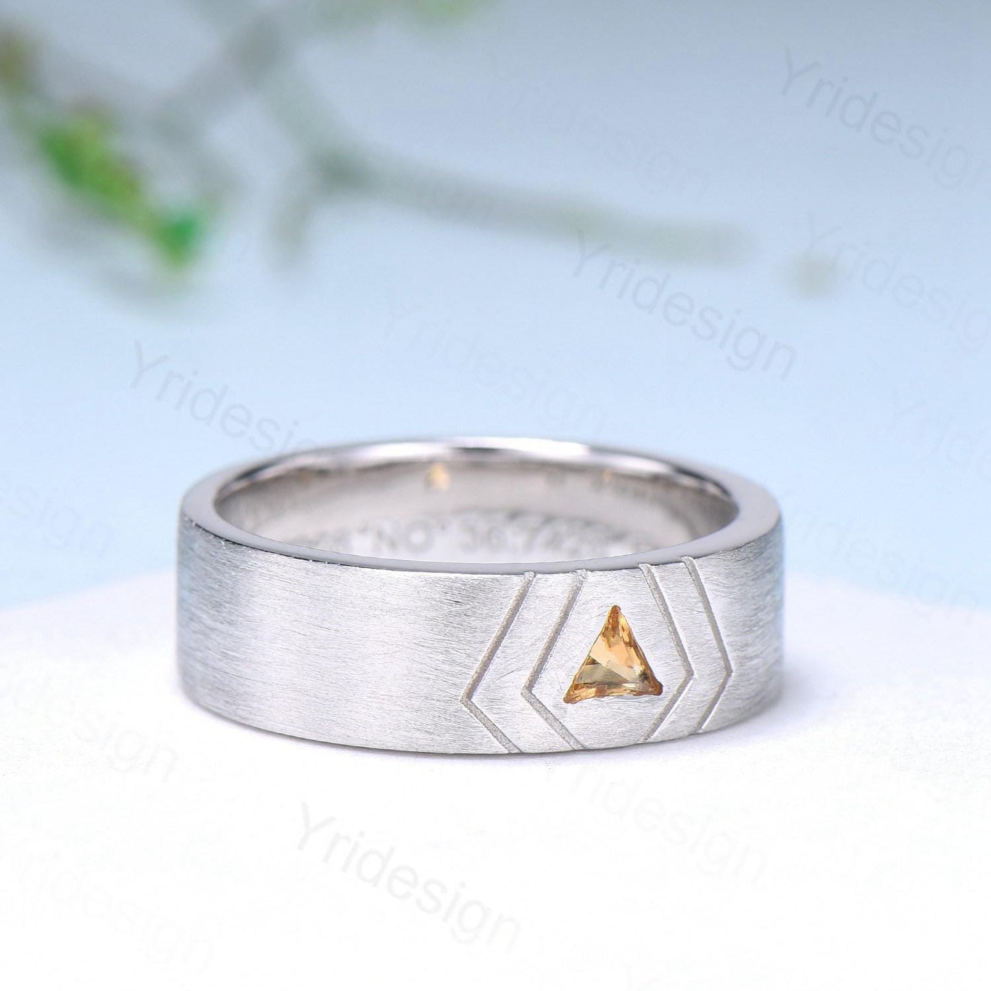 6mm Men's Ring Trillion Citrine Brushed Finished Band Solitaire Wedding Band Silver White Gold  Unique Citrine Anniversary Band Gift For Men