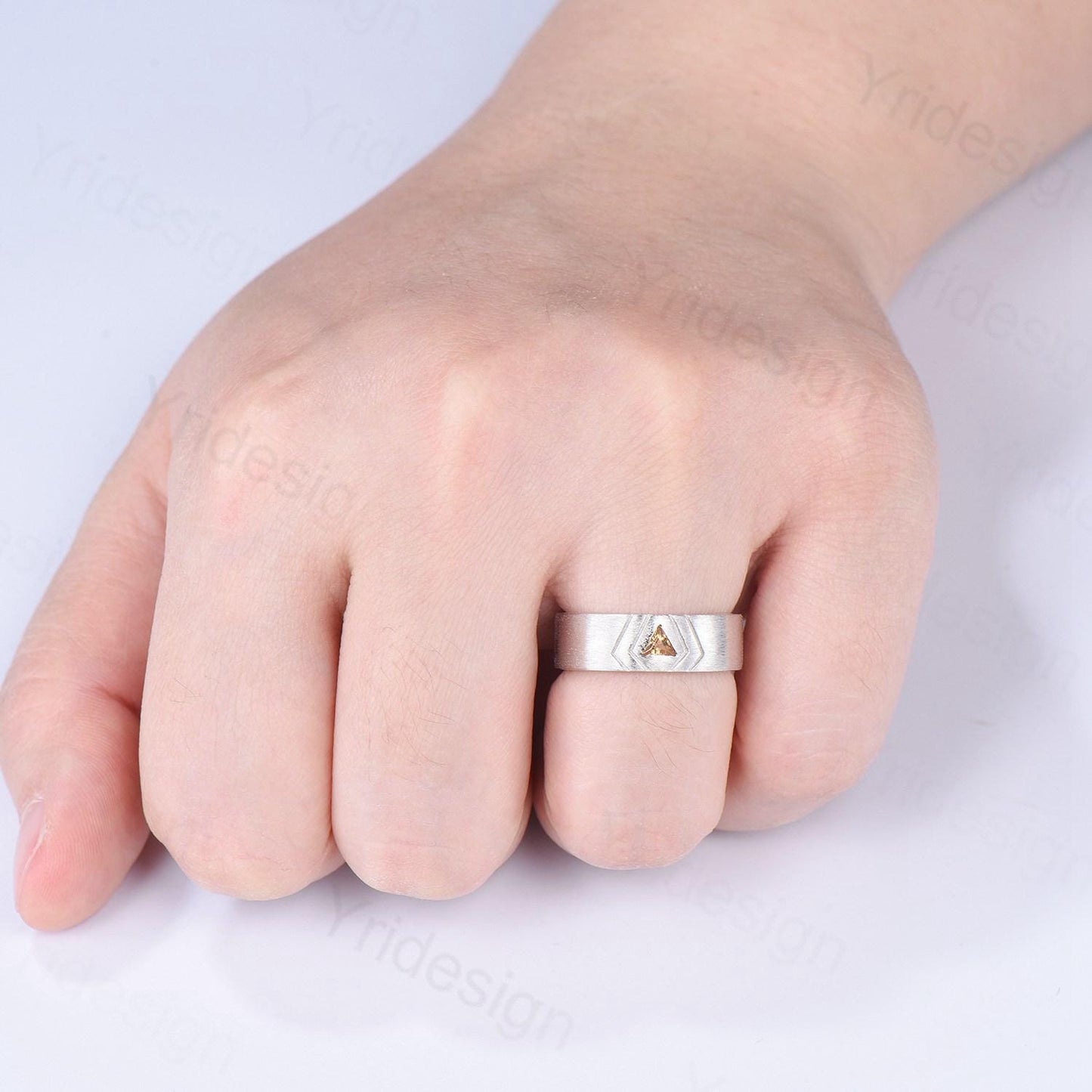 6mm Men's Ring Trillion Citrine Brushed Finished Band Solitaire Wedding Band Silver White Gold  Unique Citrine Anniversary Band Gift For Men