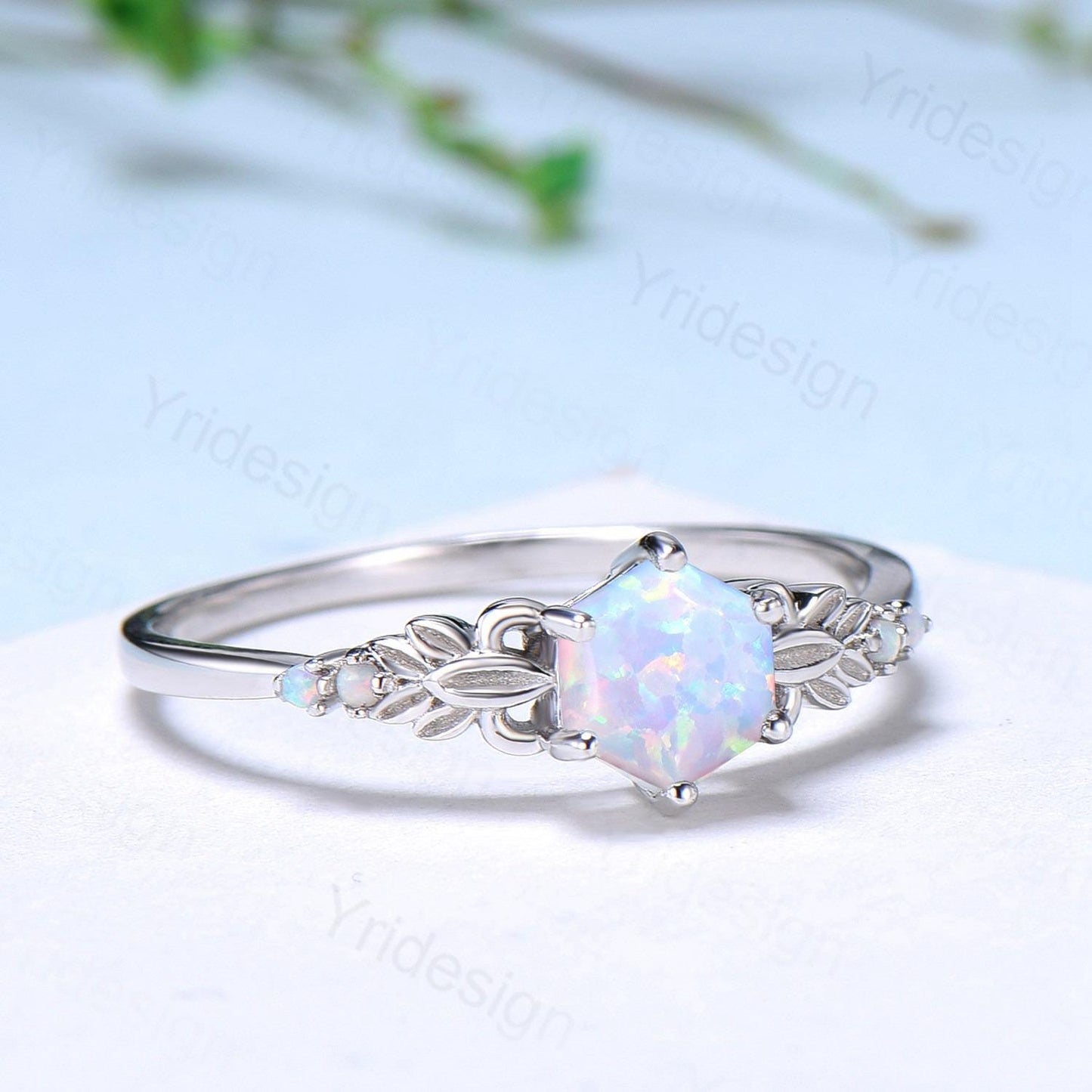 Dainty Fire Opal Ring Natural Inspired Hexagon Cut White Opal Leaf Engagement Ring White Gold Celtic Leaf Vine Bridal Anniversary Ring Women