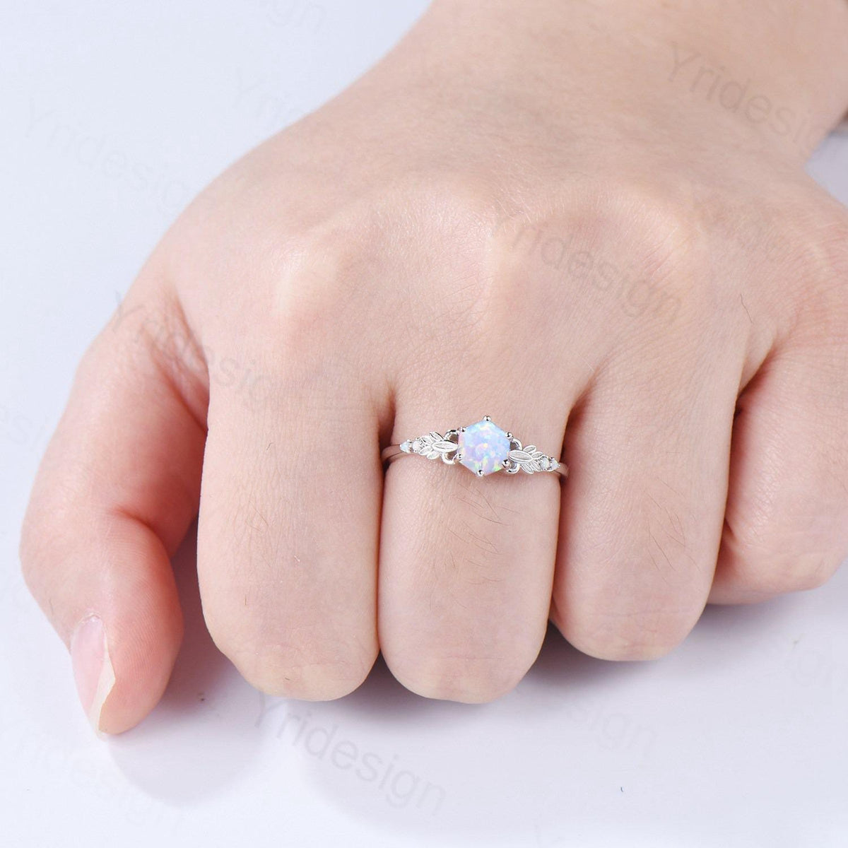Dainty Fire Opal Ring Natural Inspired Hexagon Cut White Opal Leaf Engagement Ring White Gold Celtic Leaf Vine Bridal Anniversary Ring Women