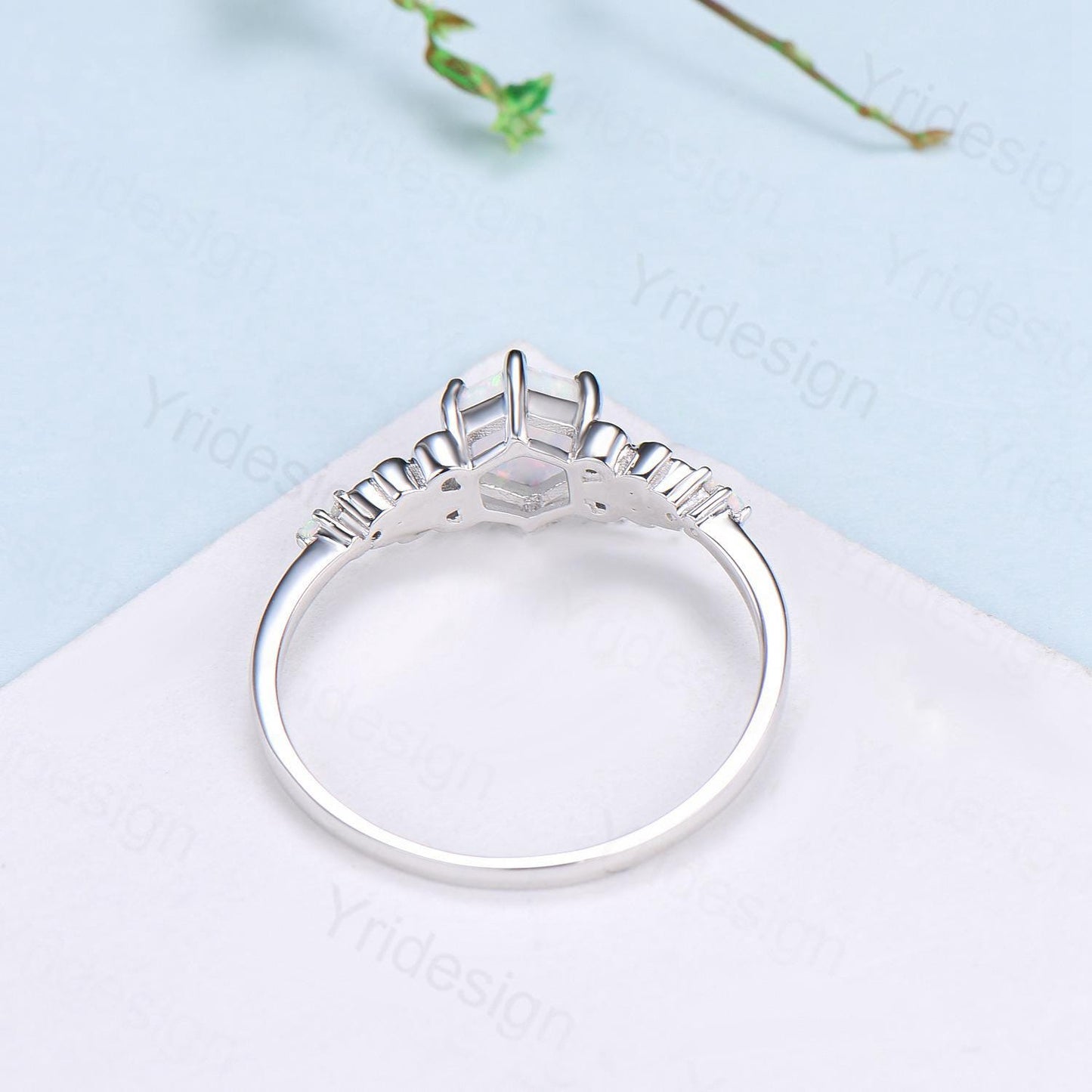 Dainty Fire Opal Ring Natural Inspired Hexagon Cut White Opal Leaf Engagement Ring White Gold Celtic Leaf Vine Bridal Anniversary Ring Women