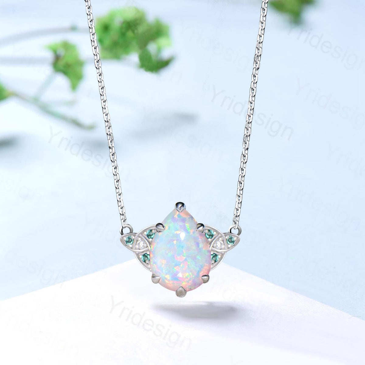 Celtic Love White Opal Pendant Necklace Vintage Unique Fire Opal Necklace Norse Viking Opal Emerald Necklace For Women October Birthday Gift