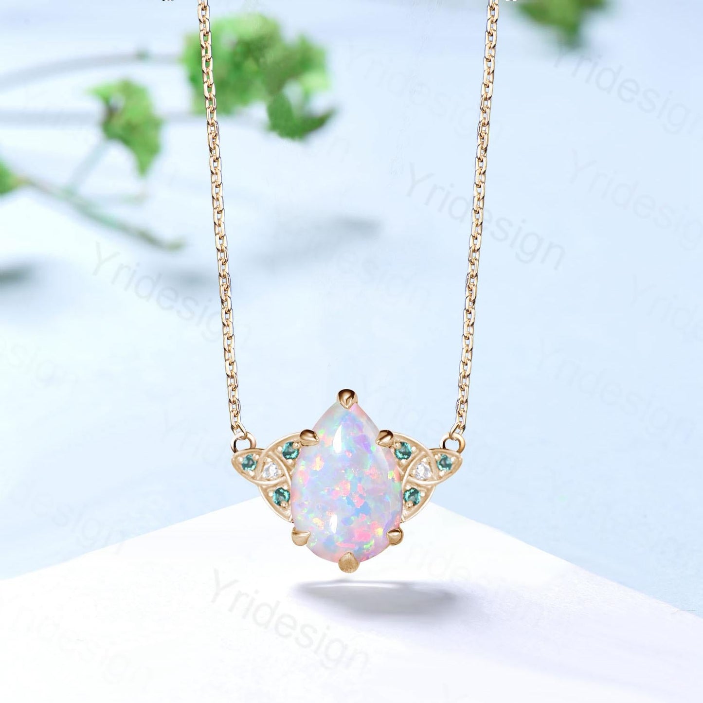 Celtic Love White Opal Pendant Necklace Vintage Unique Fire Opal Necklace Norse Viking Opal Emerald Necklace For Women October Birthday Gift