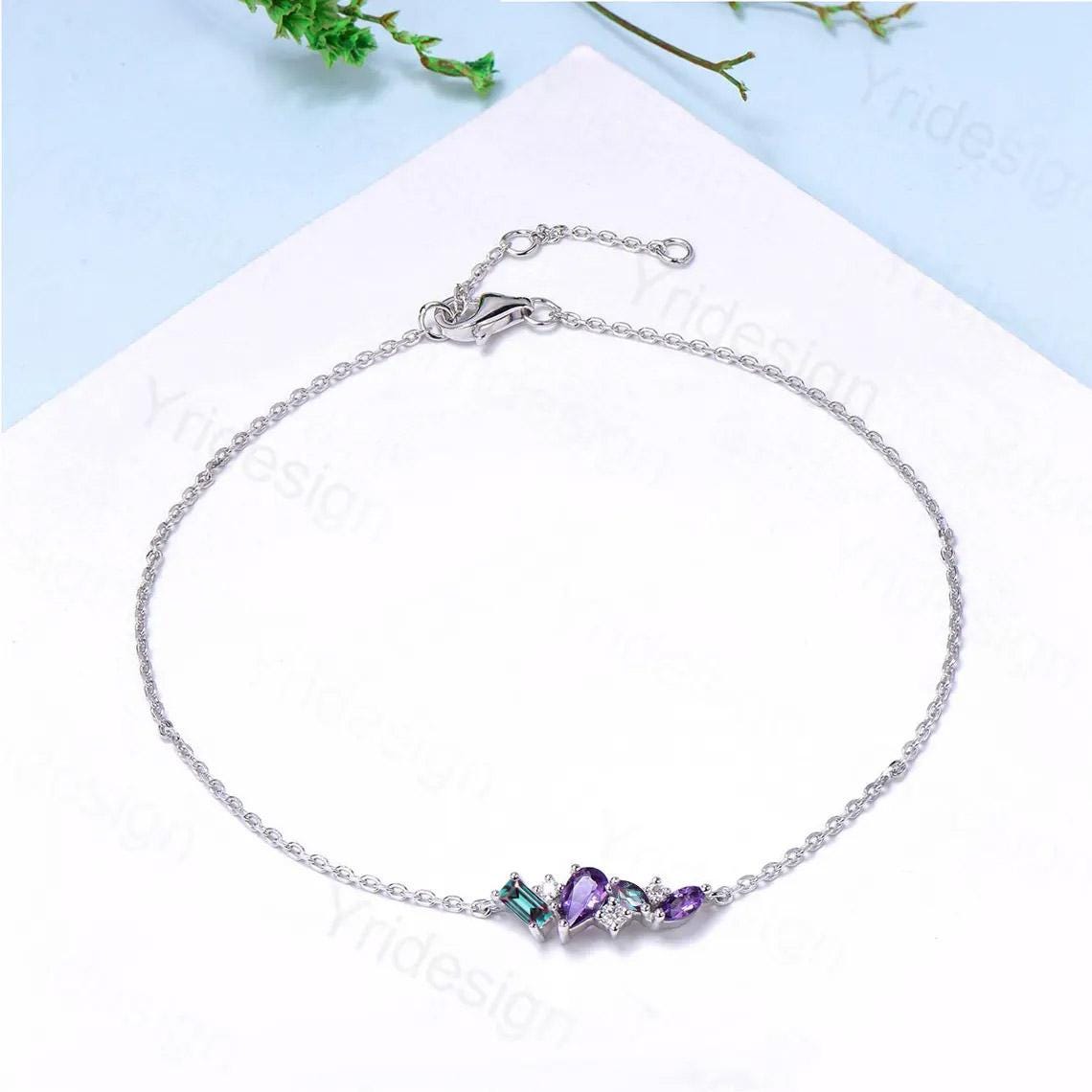 Elegant Pear Shaped Amethyst Bracelet Multi-Stone Baguette Alexandrite Lobster Claw Bracelet Silver Gold Art Deco Anniversary Gift for Women