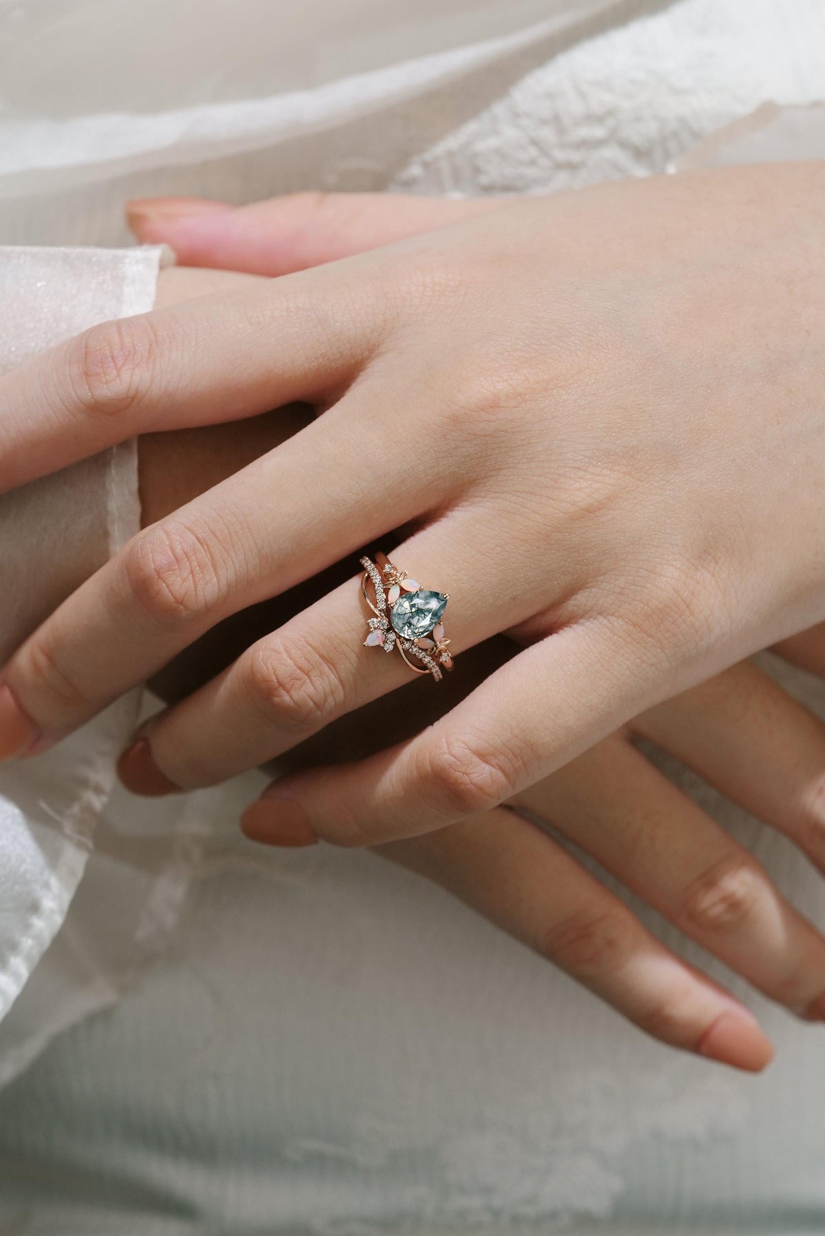 Unique Pear Shaped Green Moss Agate Engagement Ring Set Natural inspired Marquise Opal Wedding Set Infinity Stacking Band 2pcs bridal set