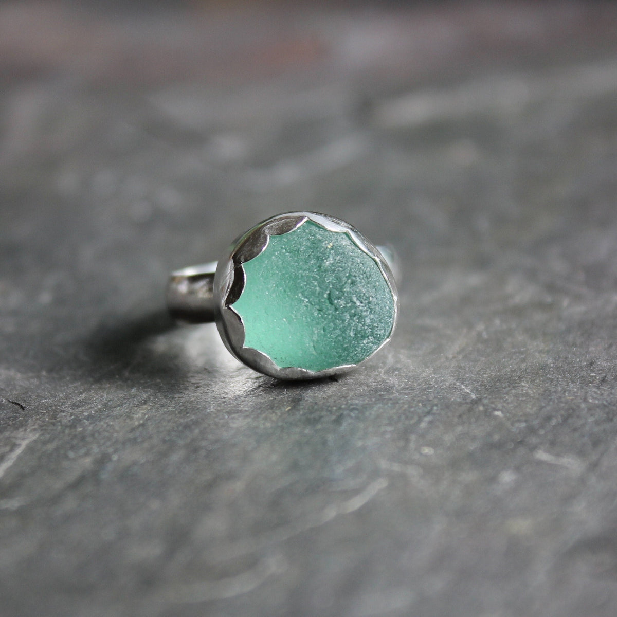 Chunky Teal Sea Glass Statement Ring | Sterling Silver | Handmade | Size 8 1/2