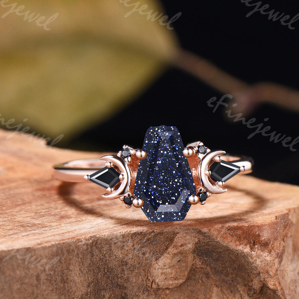 Coffin Blue Sandstone Ring, Kite Black Spinel, Rose Gold Wedding Band