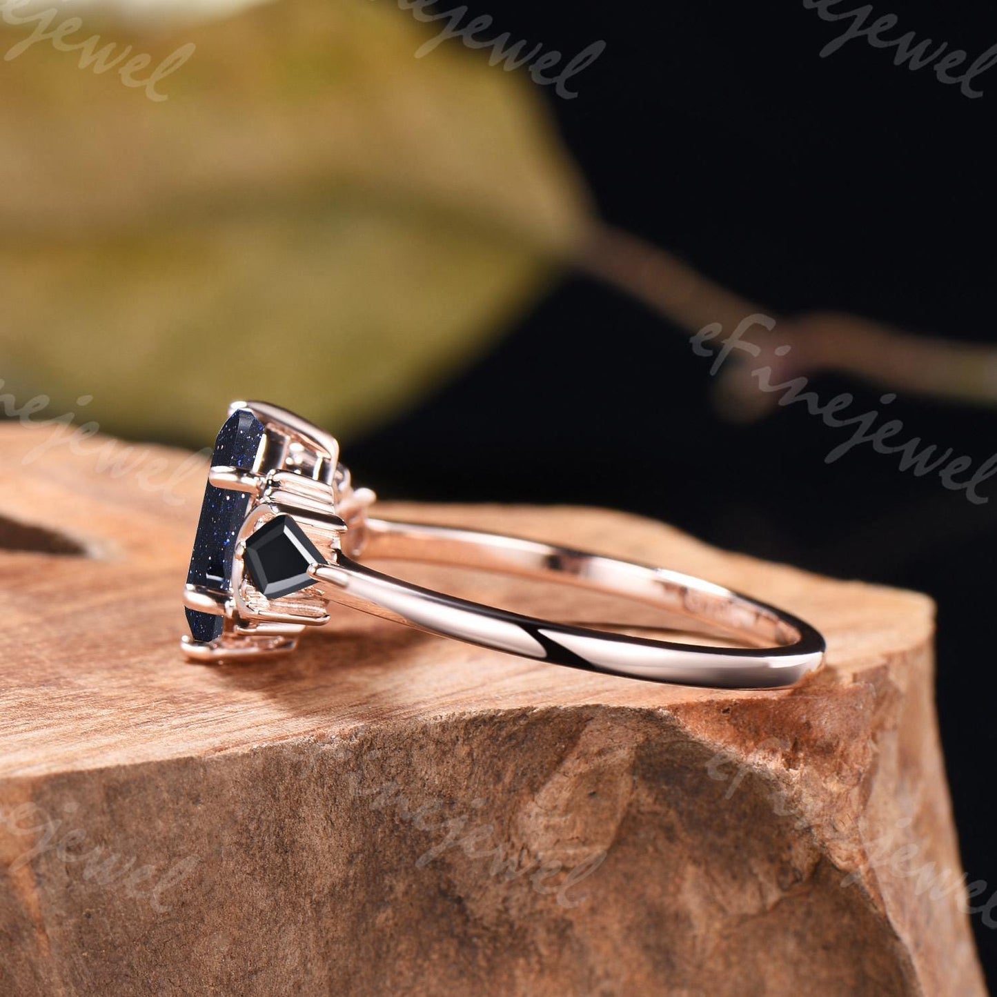 Coffin Blue Sandstone Ring, Kite Black Spinel, Rose Gold Wedding Band