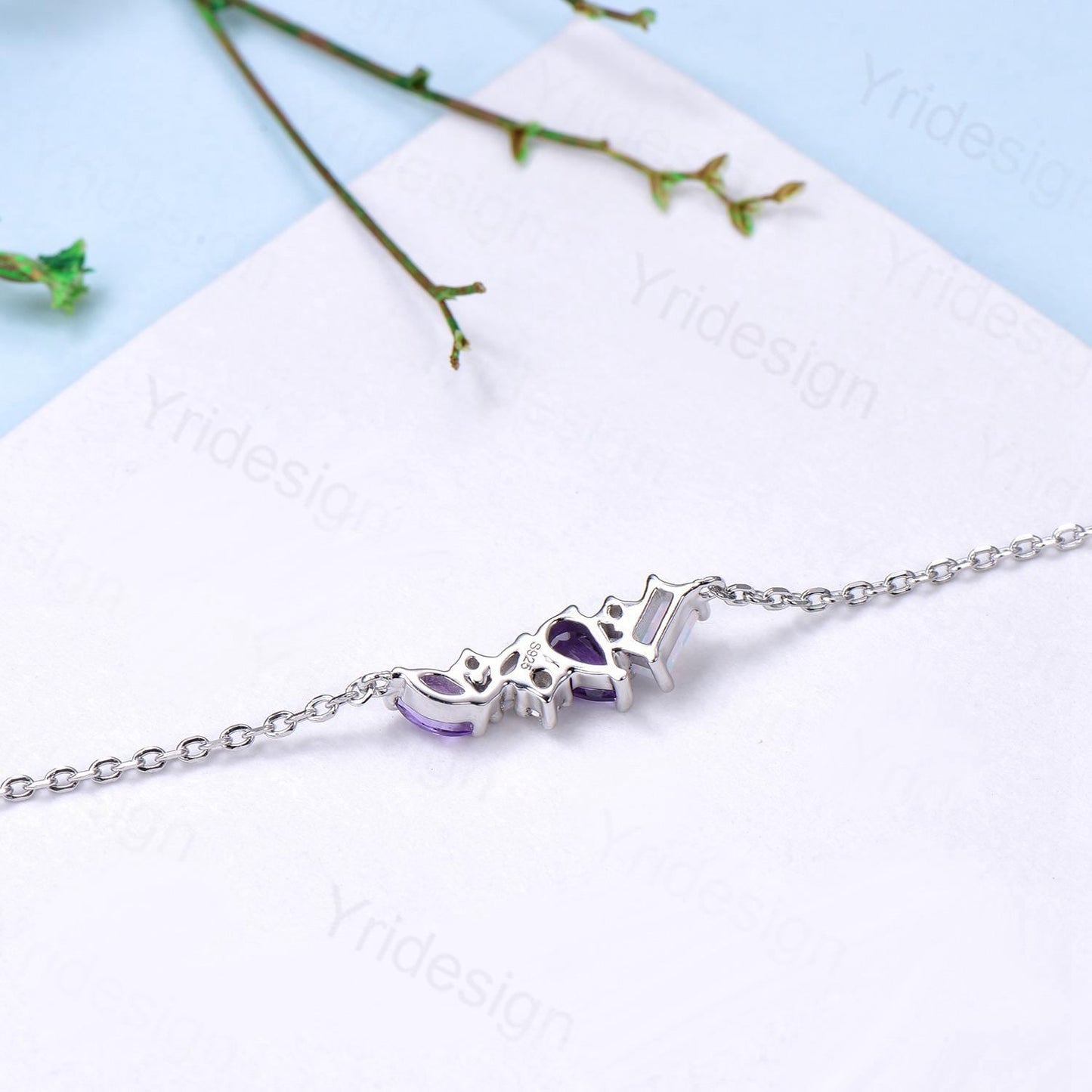 Dainty Pear Shaped Amethyst Bracelet Multi-Stone Baguette Opal Moissanite Lobster Claw Bracelet Silver White Gold Art Deco Anniversary Gift