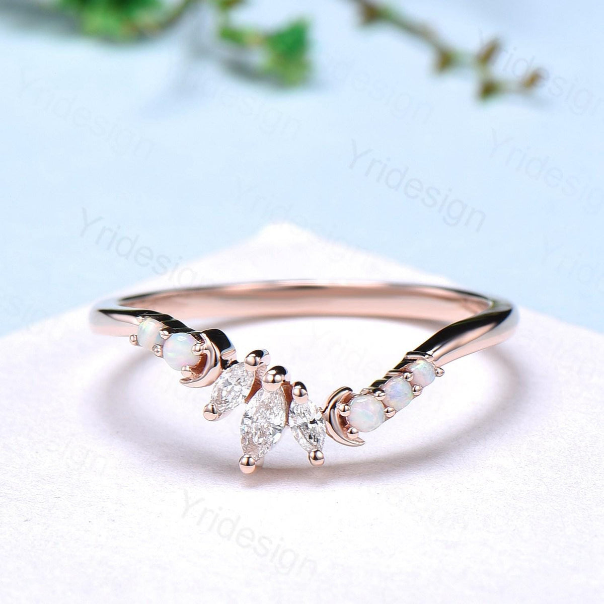 Unique Opal wedding Band Marquise 14k white gold fire opal moon wedding ring Art Deco curved stacking marching band Anniversary gift for her