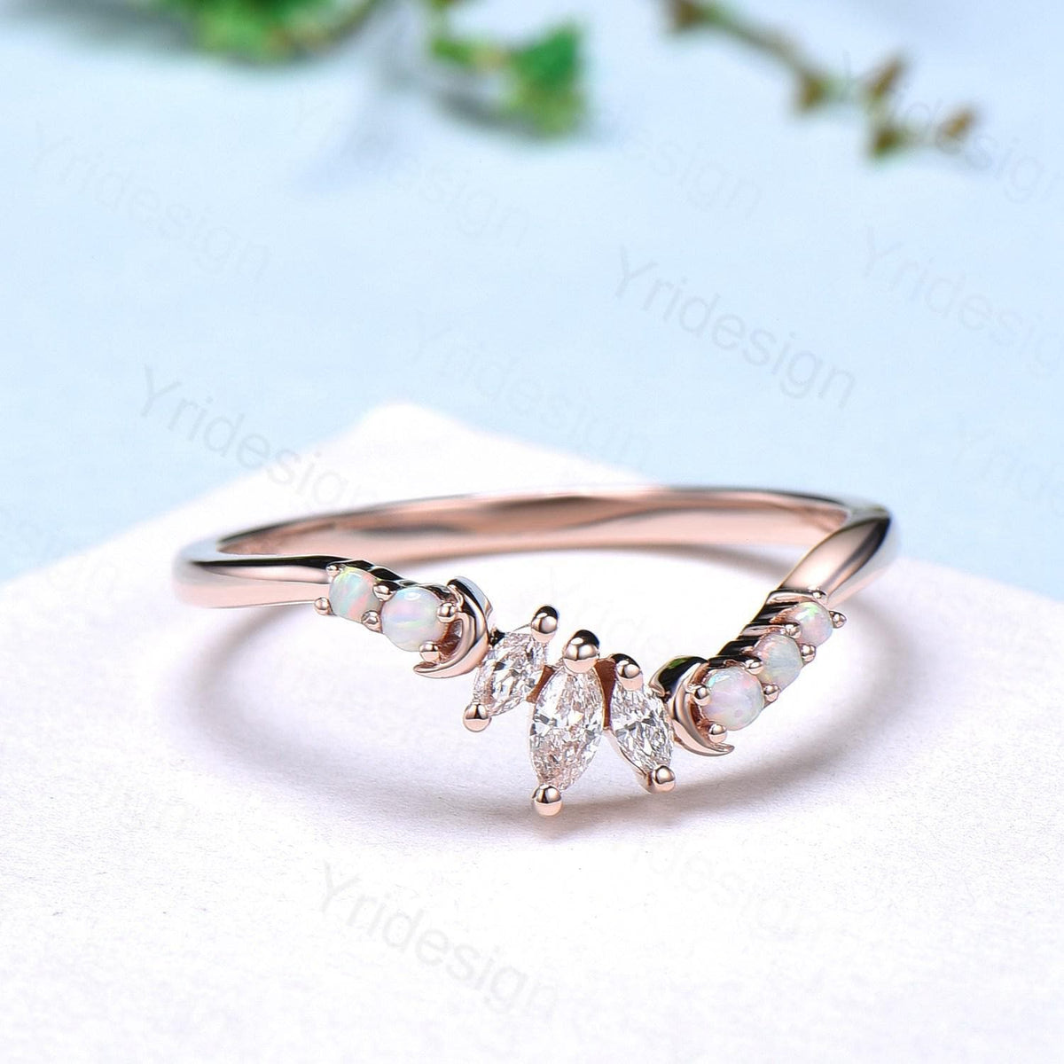 Unique Opal wedding Band Marquise 14k white gold fire opal moon wedding ring Art Deco curved stacking marching band Anniversary gift for her