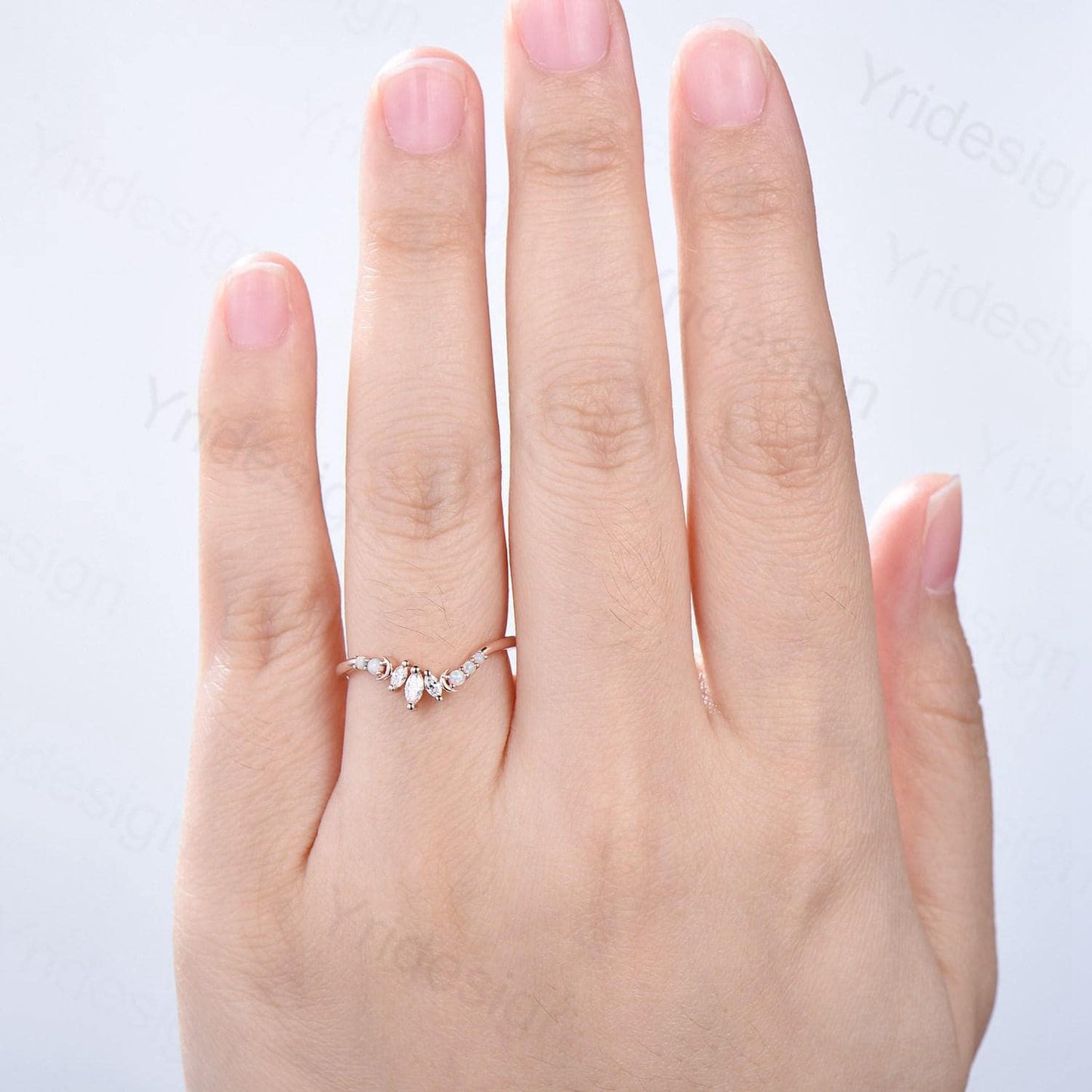 Unique Opal wedding Band Marquise 14k white gold fire opal moon wedding ring Art Deco curved stacking marching band Anniversary gift for her
