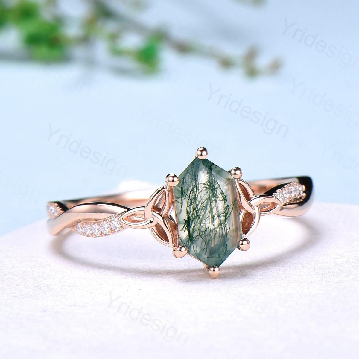 Rose Gold Norse Viking long hexagon moss agate engagement ring 3/4 eternity twisted infinity moissanite/diamond band wedding ring for women