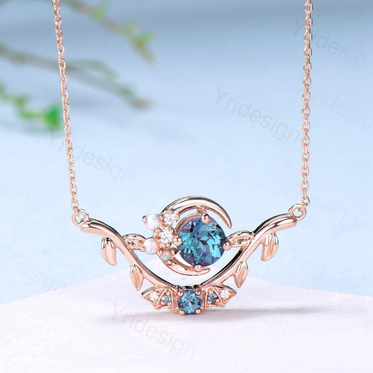 Unique Gothic Pendant Necklace Night Moon Bat Alexandrite Necklace Magic Crescent Moon Leaf Branch Necklace Halloween Anniversary gift Women