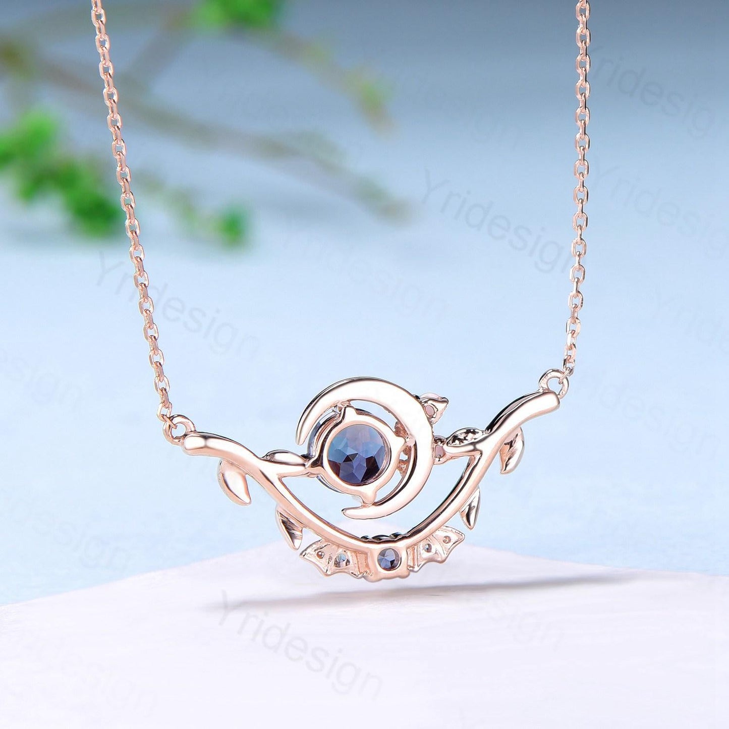 Unique Gothic Pendant Necklace Night Moon Bat Alexandrite Necklace Magic Crescent Moon Leaf Branch Necklace Halloween Anniversary gift Women