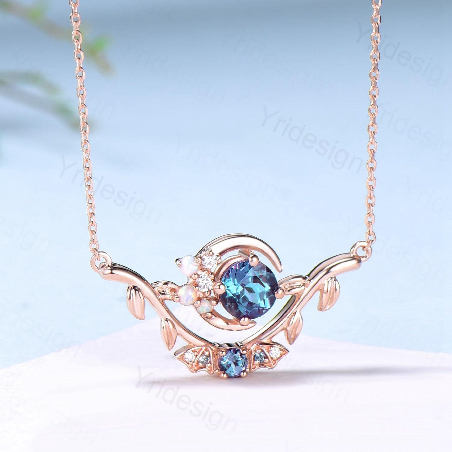 Unique Gothic Pendant Necklace Night Moon Bat Alexandrite Necklace Magic Crescent Moon Leaf Branch Necklace Halloween Anniversary gift Women
