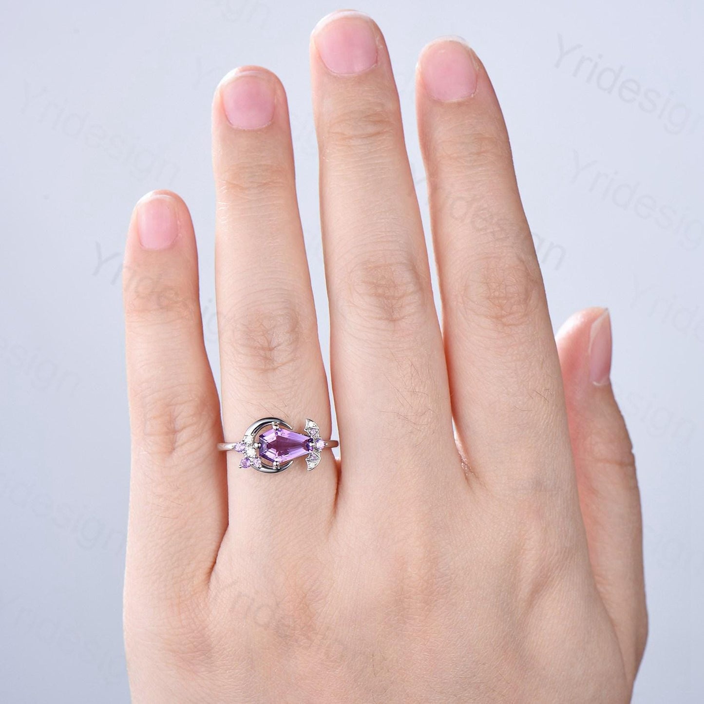 Unique Coffin Shape Amethyst Ring Marquise Purple Crystal Shield Shape Gothic Engagement Ring Vintage Handmade Bat Proposal Gifts for Women