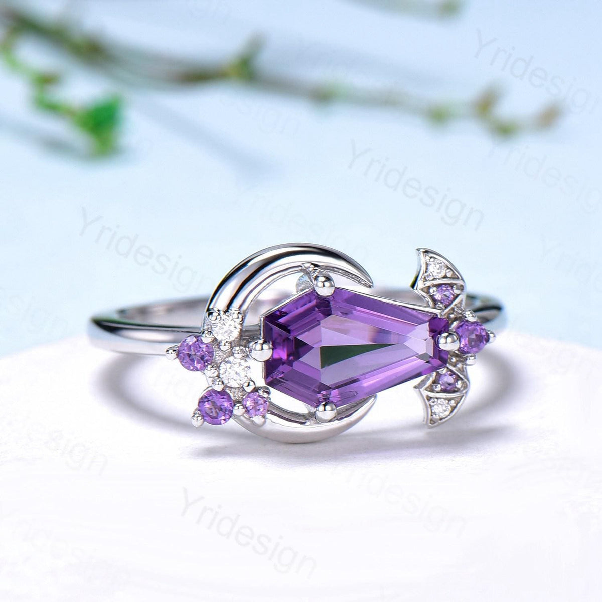 Unique Coffin Shape Amethyst Ring Marquise Purple Crystal Shield Shape Gothic Engagement Ring Vintage Handmade Bat Proposal Gifts for Women