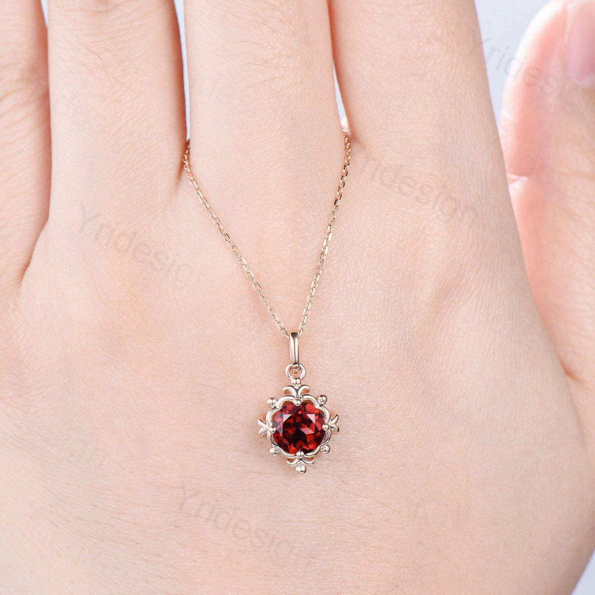 Unique Garnet Pendant Necklace Magic Crescent Moon Round January Birthstone Necklace Floral Retro Vintage Pendant Anniversary gift for women