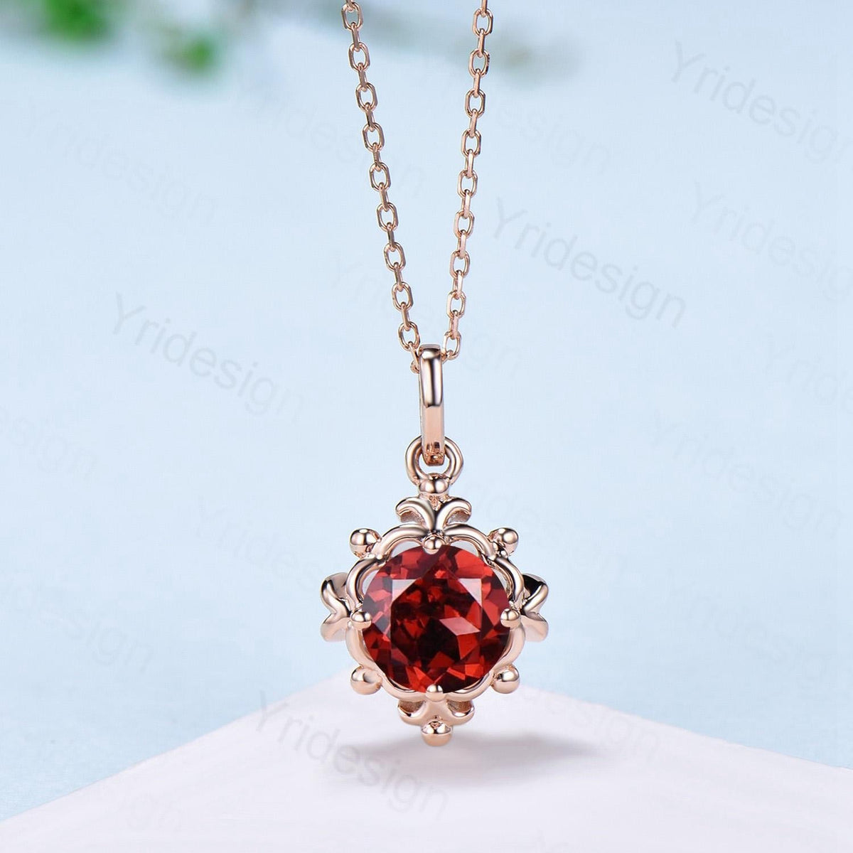 Unique Garnet Pendant Necklace Magic Crescent Moon Round January Birthstone Necklace Floral Retro Vintage Pendant Anniversary gift for women