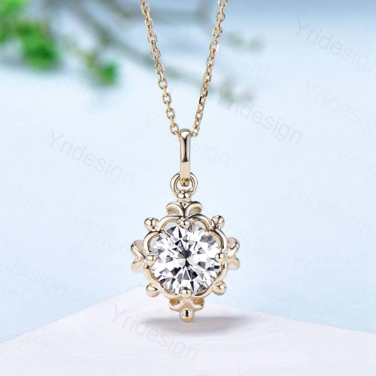 Unique Moissanite Pendant Necklace Magic Crescent Moon Round Lab Grown Diamond Necklace Floral Retro Vintage Pendant Anniversary gift women