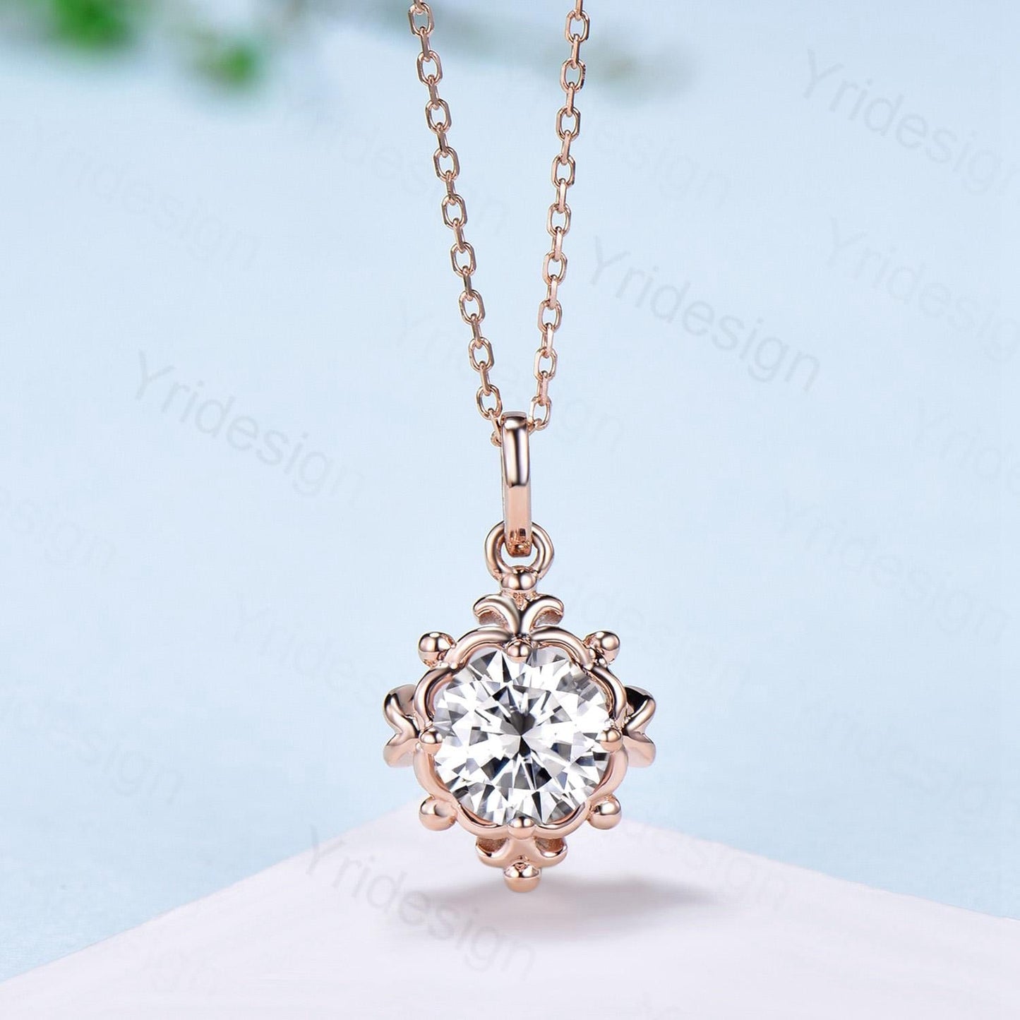 Unique Moissanite Pendant Necklace Magic Crescent Moon Round Lab Grown Diamond Necklace Floral Retro Vintage Pendant Anniversary gift women
