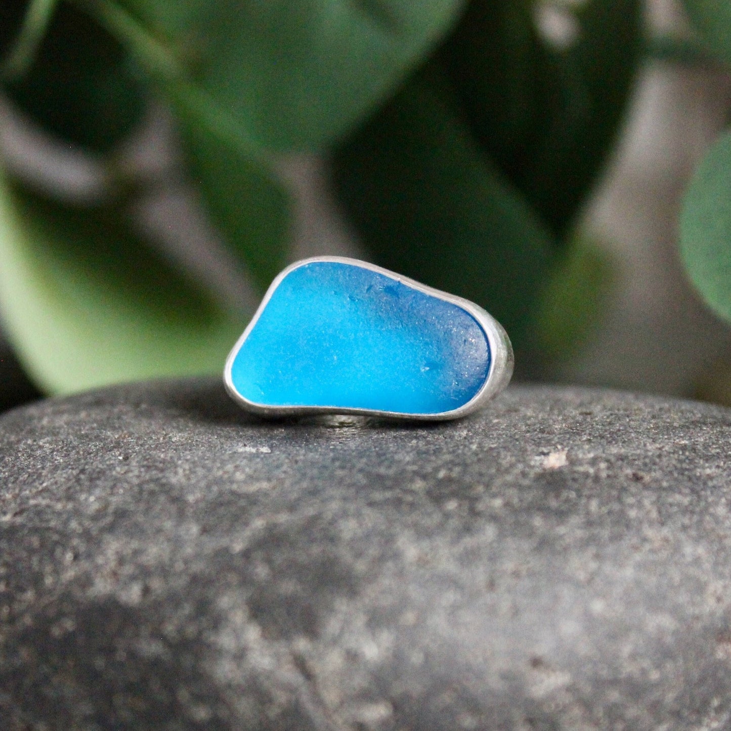 Dark Turquoise Blue Sea Glass Ring | Sterling Silver | Handmade | Size 4 3/4