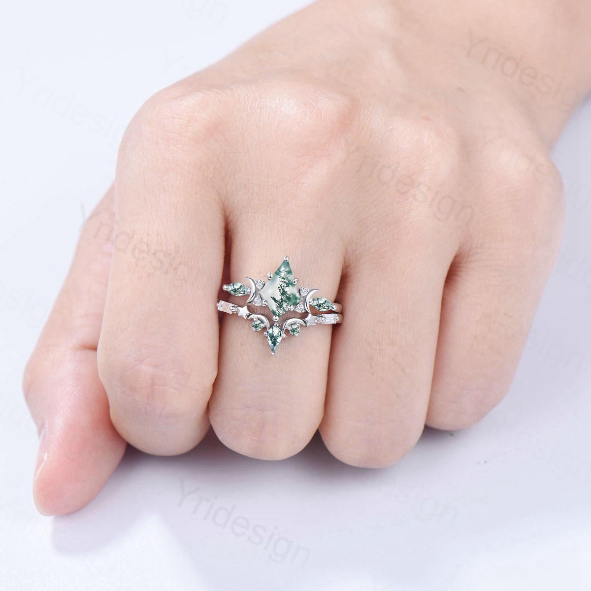 Unique kite cut moss agate ring natural green agate moon star engagement ring moissanite gold bridal wedding set handmade anniversary gift