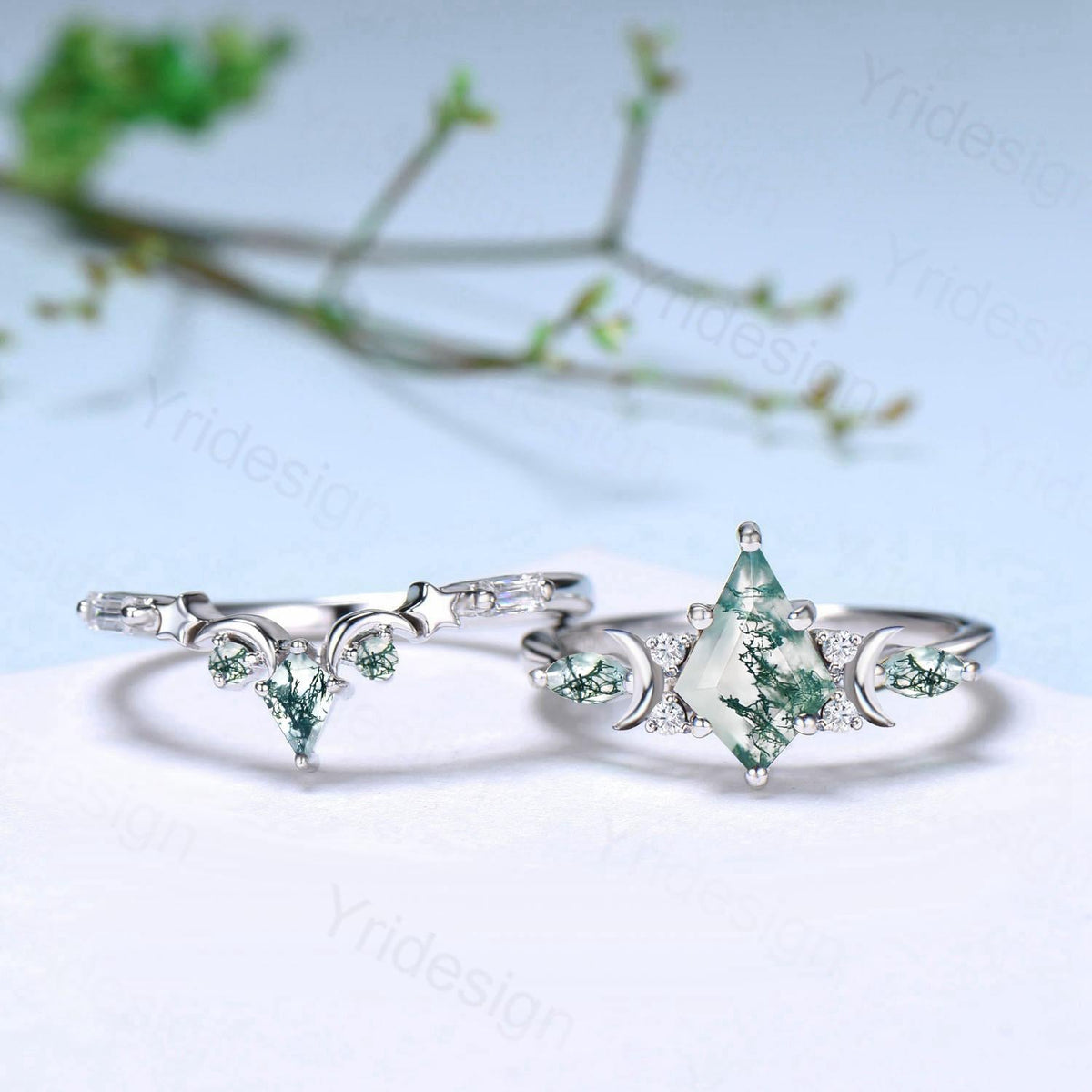 Unique kite cut moss agate ring natural green agate moon star engagement ring moissanite gold bridal wedding set handmade anniversary gift