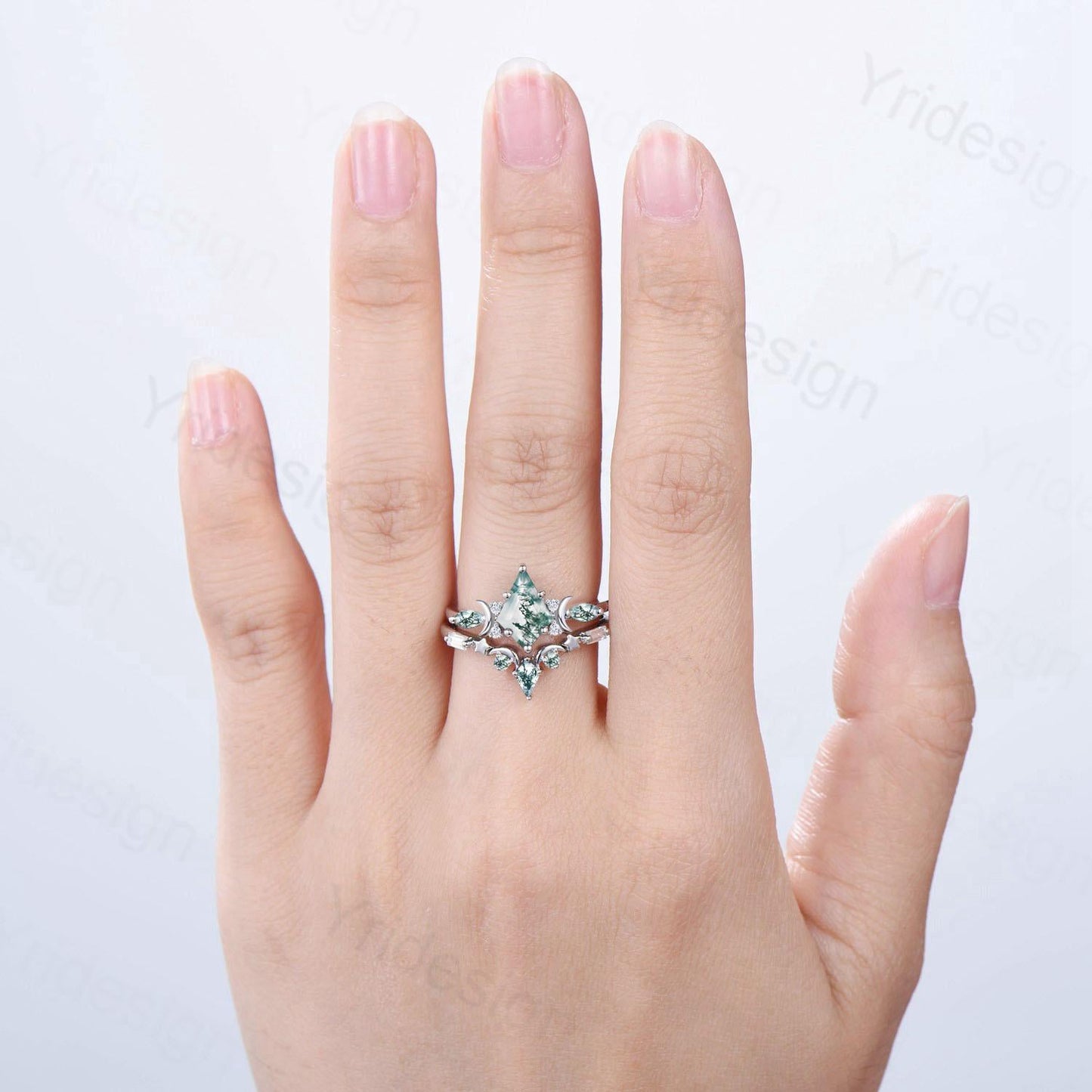 Unique kite cut moss agate ring natural green agate moon star engagement ring moissanite gold bridal wedding set handmade anniversary gift