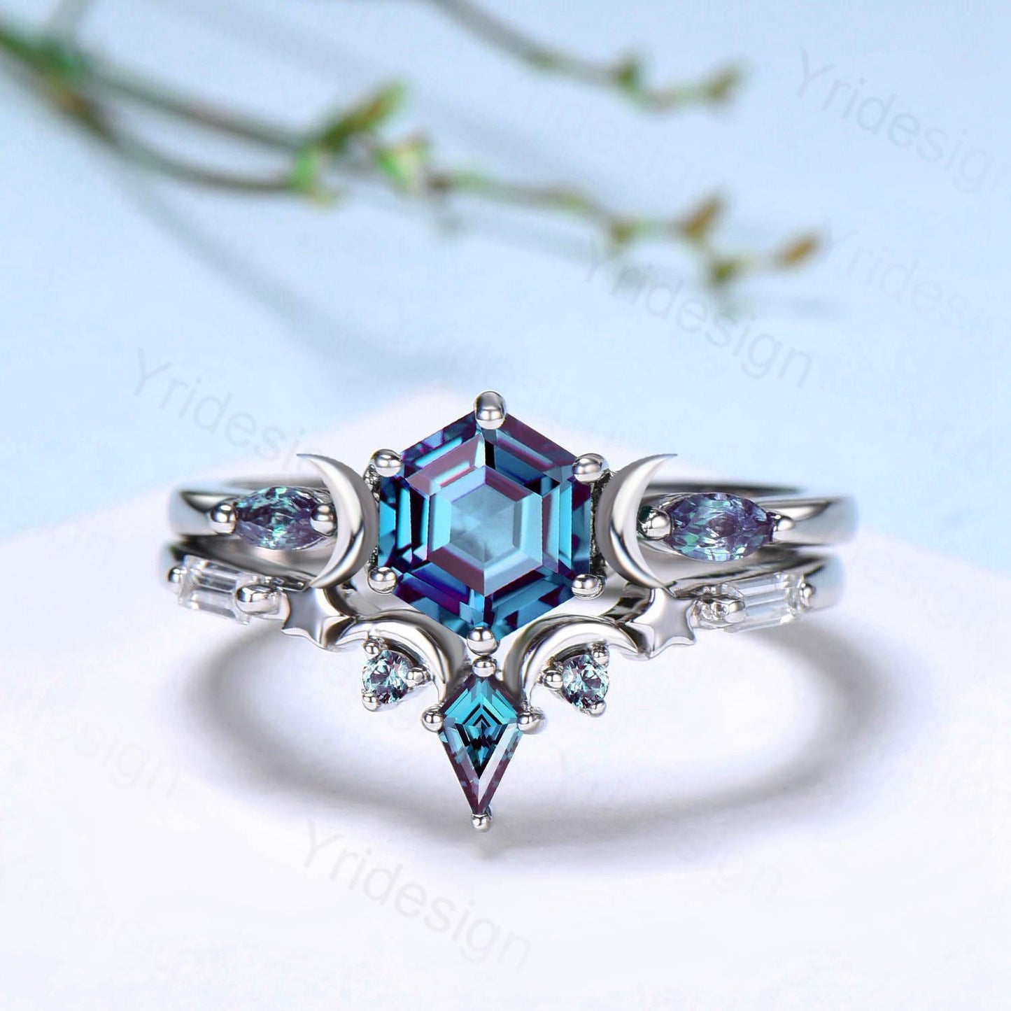 Hexagon Cut Alexandrite Engagement Ring Set Vintage Moon Star Bridal Set