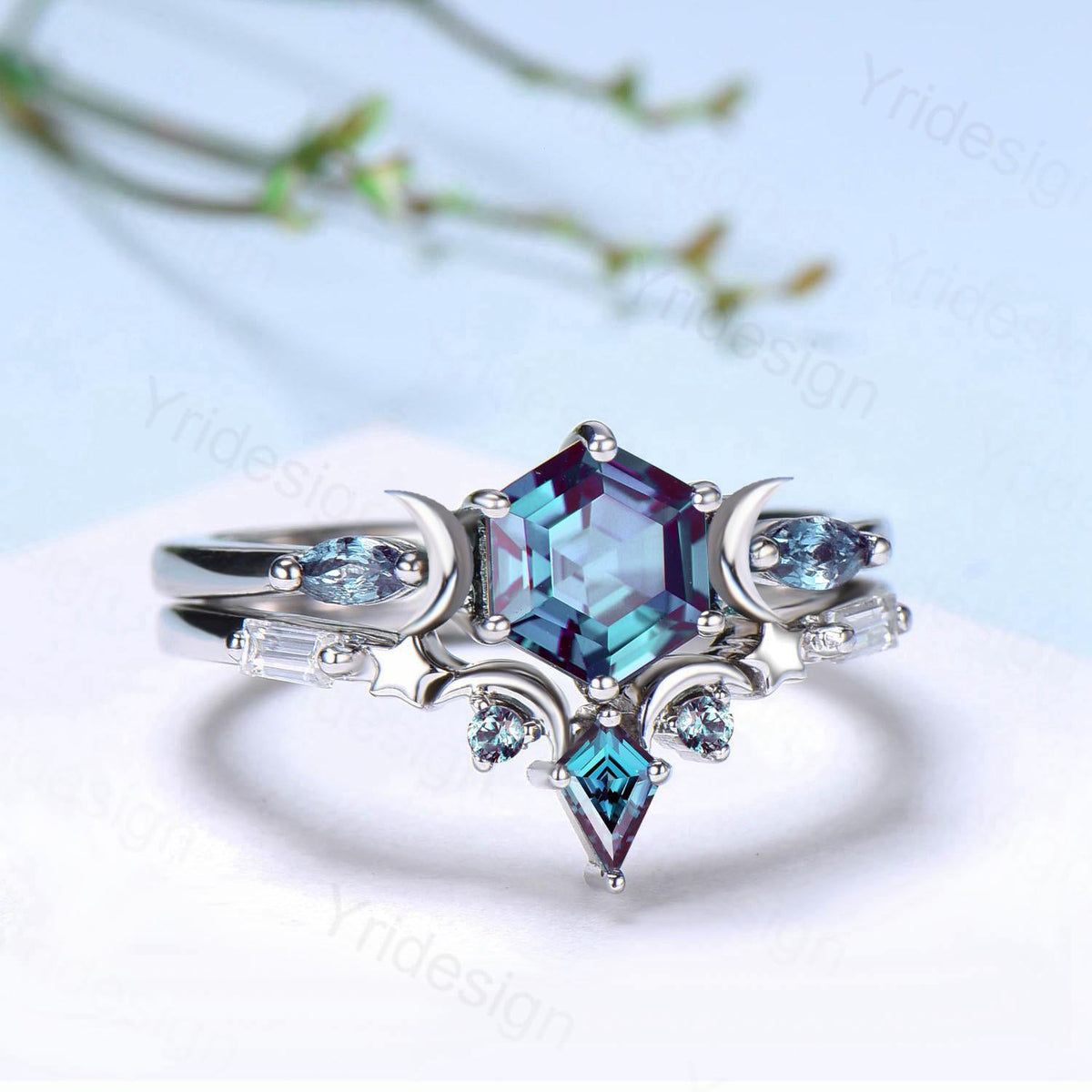 Hexagon Cut Alexandrite Engagement Ring Set Vintage Moon Star Bridal Set