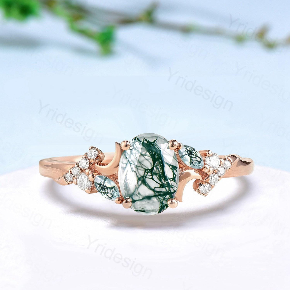 Unique oval cut moon ring, natural green moss agate engagement ring, cluster moissanite wedding ring, perfect moon anniversary promise gift