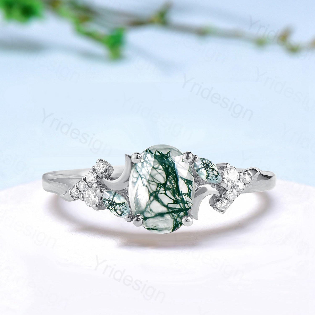Unique oval cut moon ring, natural green moss agate engagement ring, cluster moissanite wedding ring, perfect moon anniversary promise gift