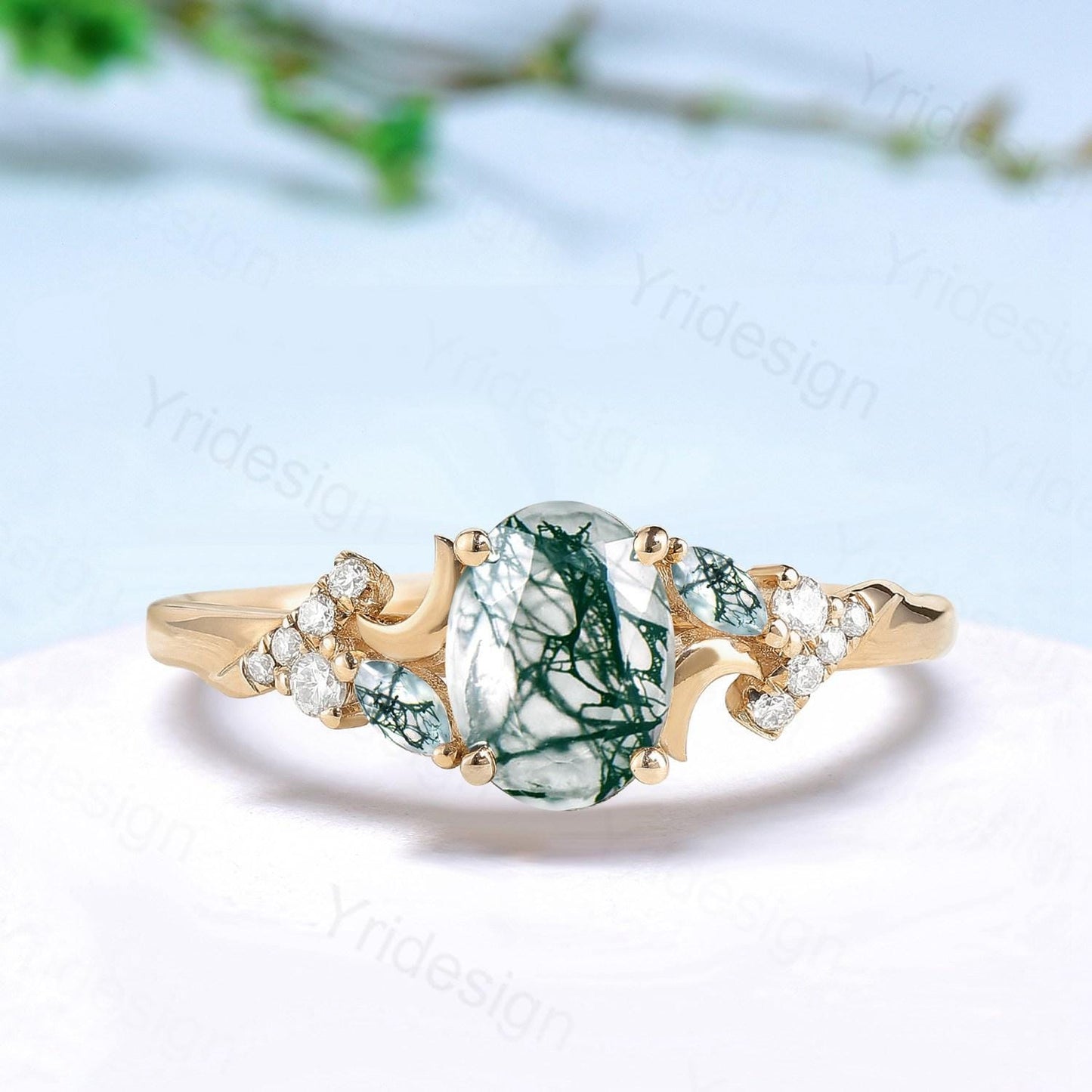 Unique oval cut moon ring, natural green moss agate engagement ring, cluster moissanite wedding ring, perfect moon anniversary promise gift