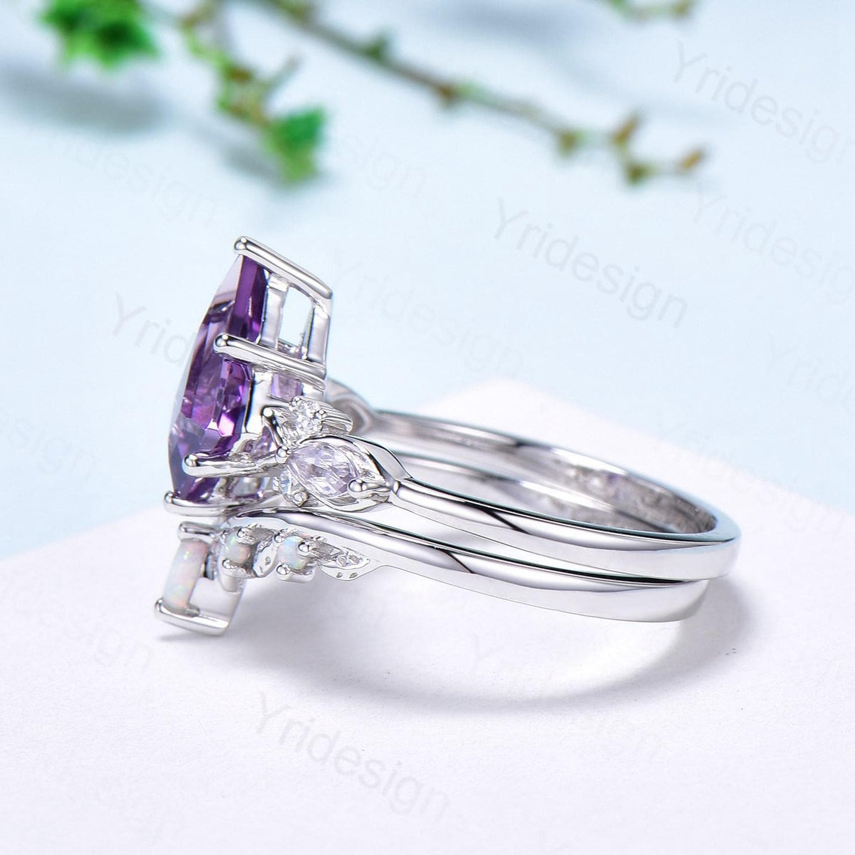 1.5CT Kite Cut Amethyst Ring Set/Engagement Ring Set Women/Marquise Lavender Amethyst Wedding Set/ Opal Leaf Stacking Band/Birthstone Ring
