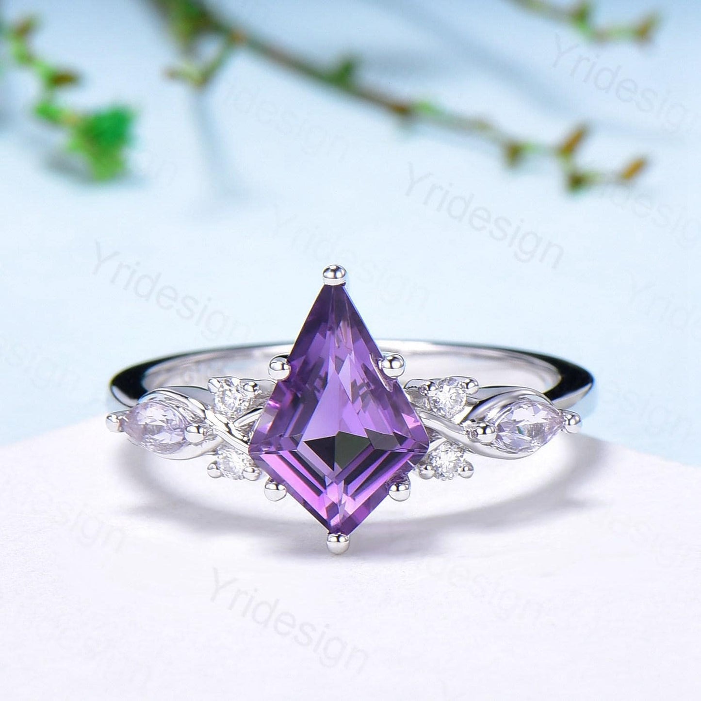 1.5CT Kite Cut Amethyst Ring Set/Engagement Ring Set Women/Marquise Lavender Amethyst Wedding Set/ Opal Leaf Stacking Band/Birthstone Ring