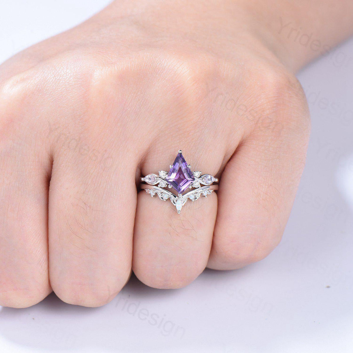 1.5CT Kite Cut Amethyst Ring Set/Engagement Ring Set Women/Marquise Lavender Amethyst Wedding Set/ Opal Leaf Stacking Band/Birthstone Ring