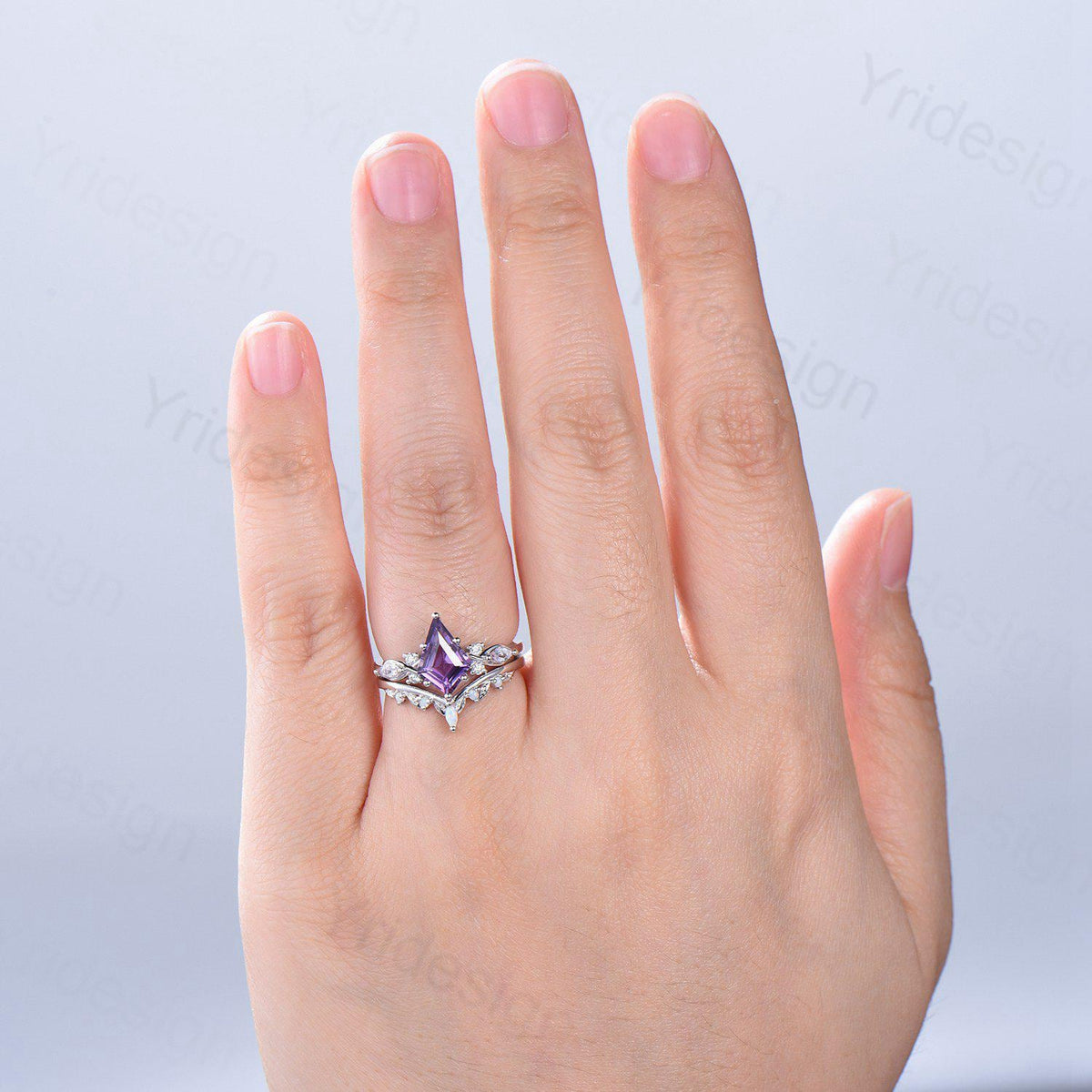 1.5CT Kite Cut Amethyst Ring Set/Engagement Ring Set Women/Marquise Lavender Amethyst Wedding Set/ Opal Leaf Stacking Band/Birthstone Ring